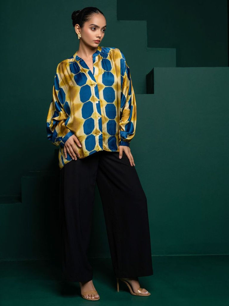 Yellow Blue Printed Bemberg Satin Shirt