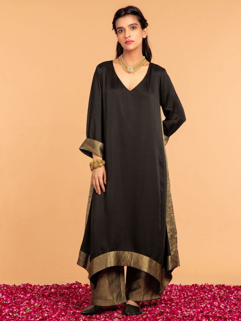 Black Modal Satin Zari Kurta