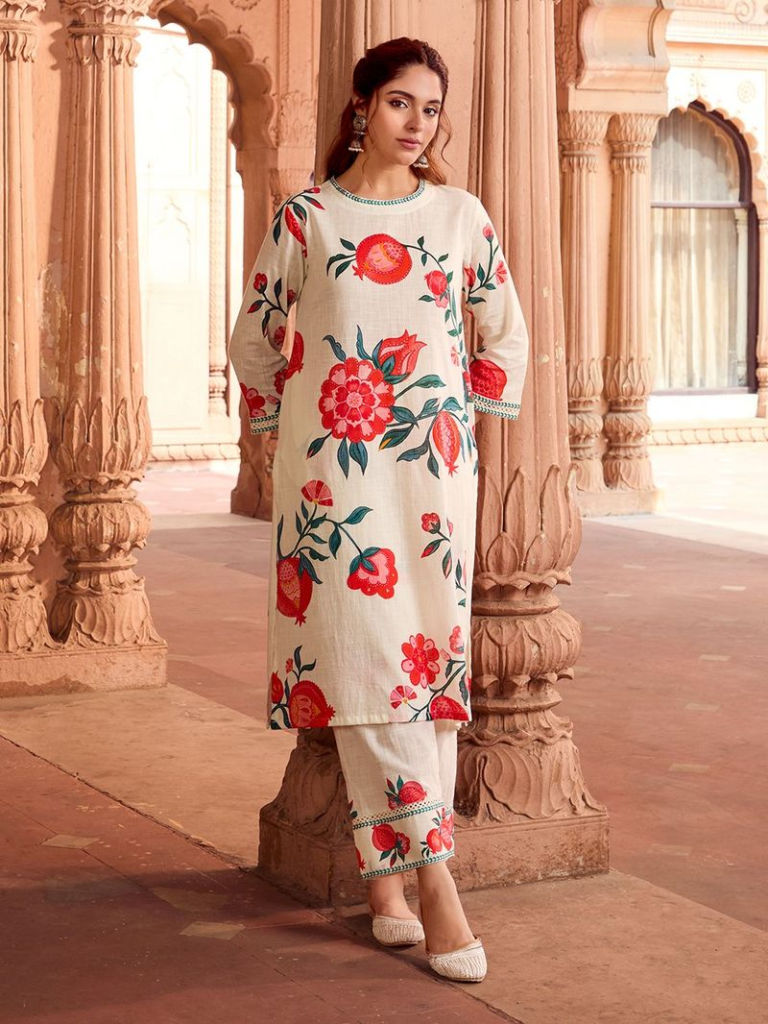 Ivory Printed Cotton Slub Kurta with Pants