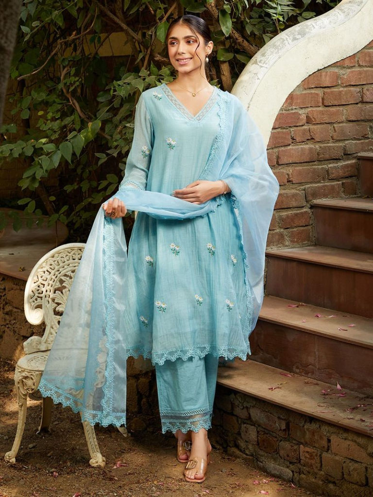 Powder Blue Embroidered Chanderi Kurta with Pants