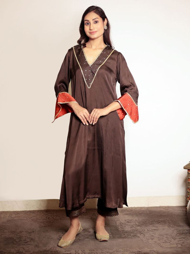 Brown Hand Embroidered Modal Kurta