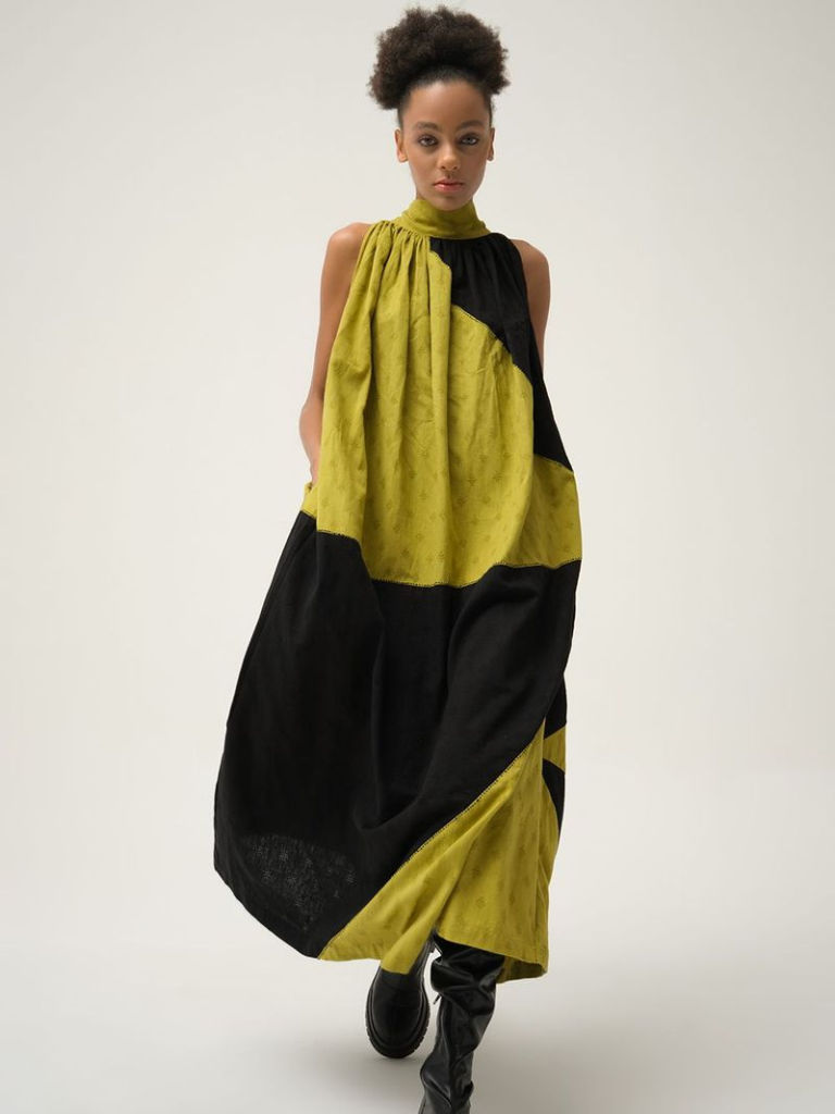 Green Black Handwoven Cotton Dobby Dress