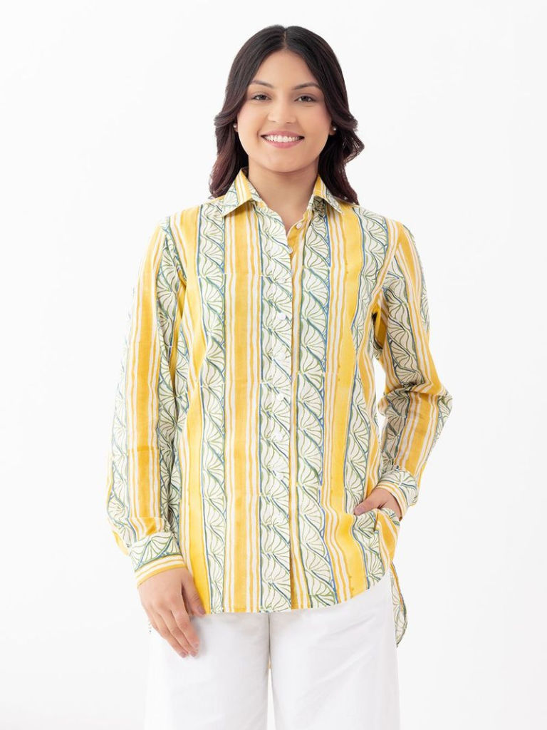 Yellow Hand Block Printed Cotton Shirt