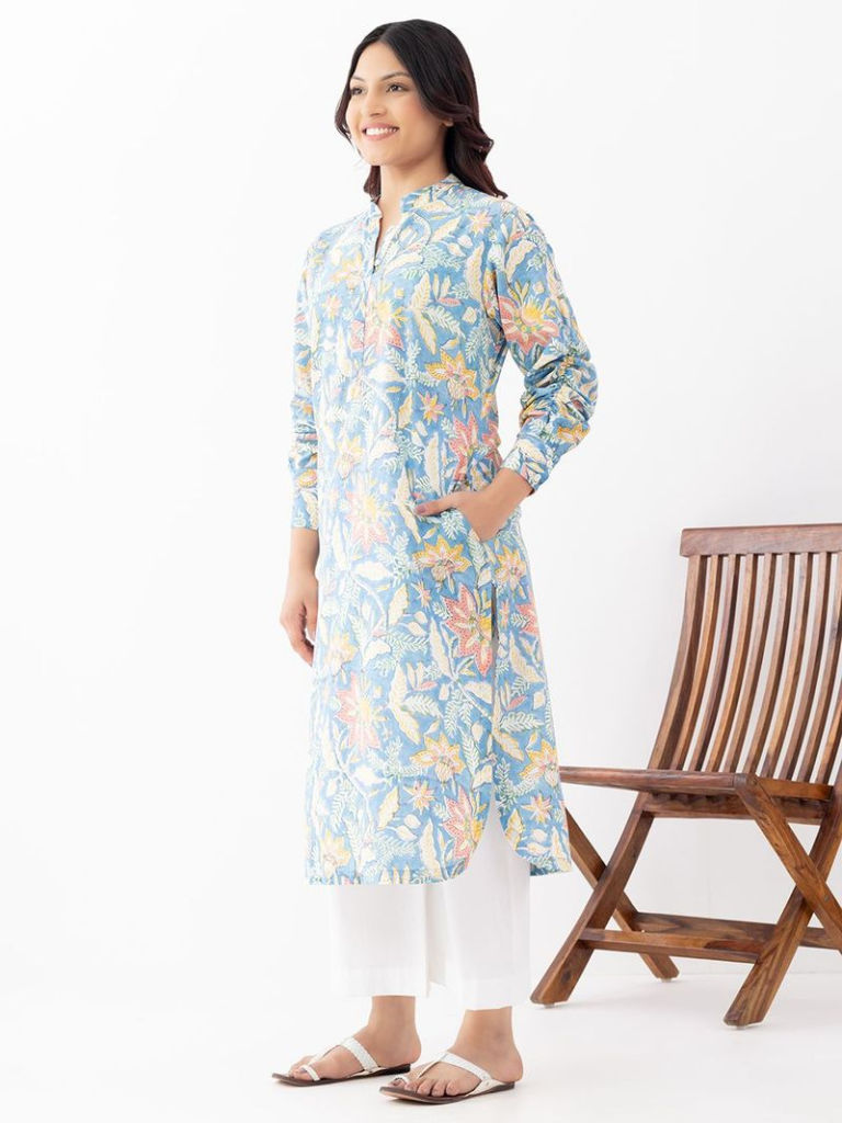 Sky Blue Hand Block Printed Cotton Kurta