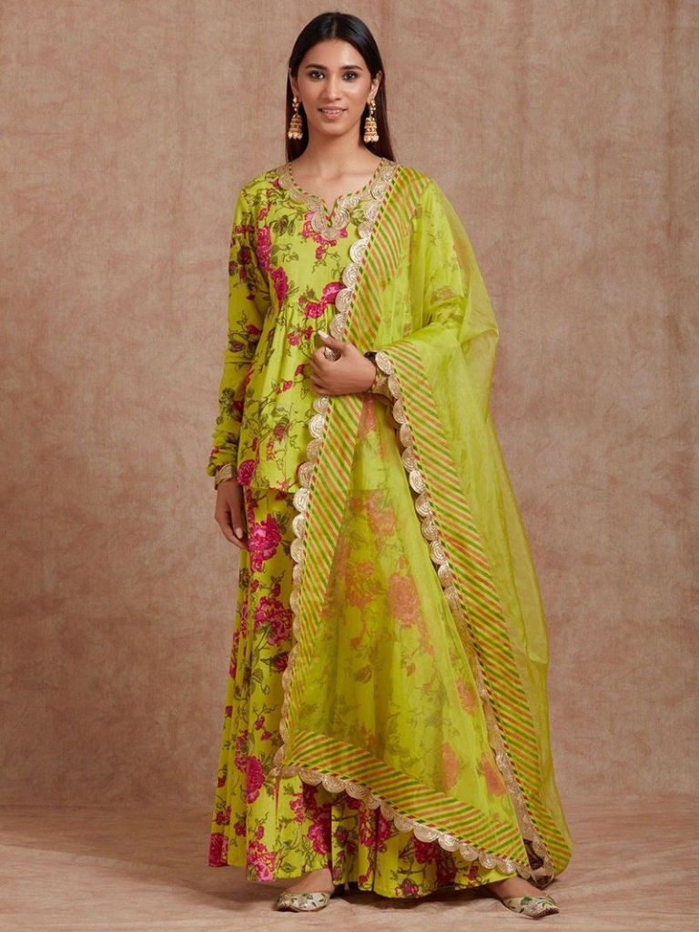 Yellow Printed Cotton Kurta with Sharara