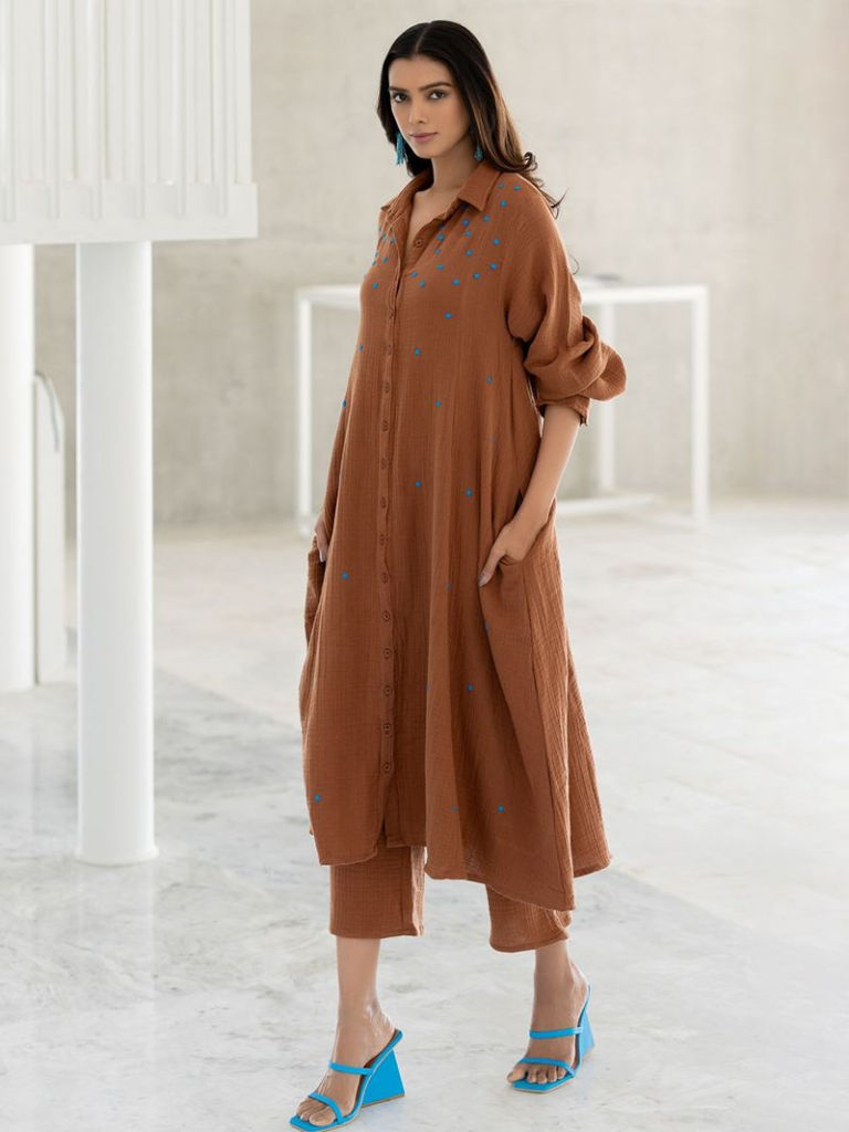 Brown Patch Work Cotton Tunic