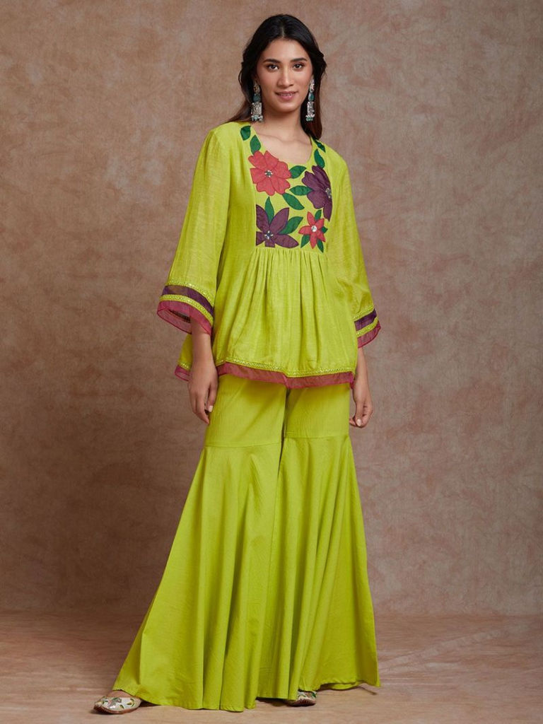 Yellow Applique Work Viscose Linen Kurta With Sharara