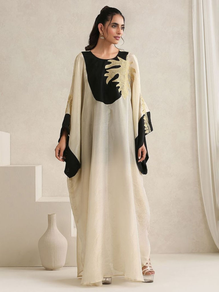 Off White Black Kashmiri Tilla Embroidered Crepe Silk Dress with Inner