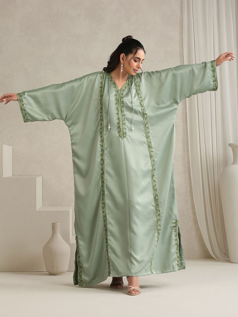 Mint Green Kashmiri Aari Embroidered Satin Dress