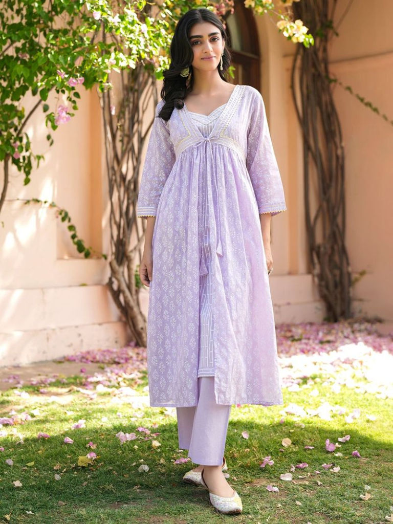 Lavender Printed Cotton Mulmul Kurta with Shrug and Pants