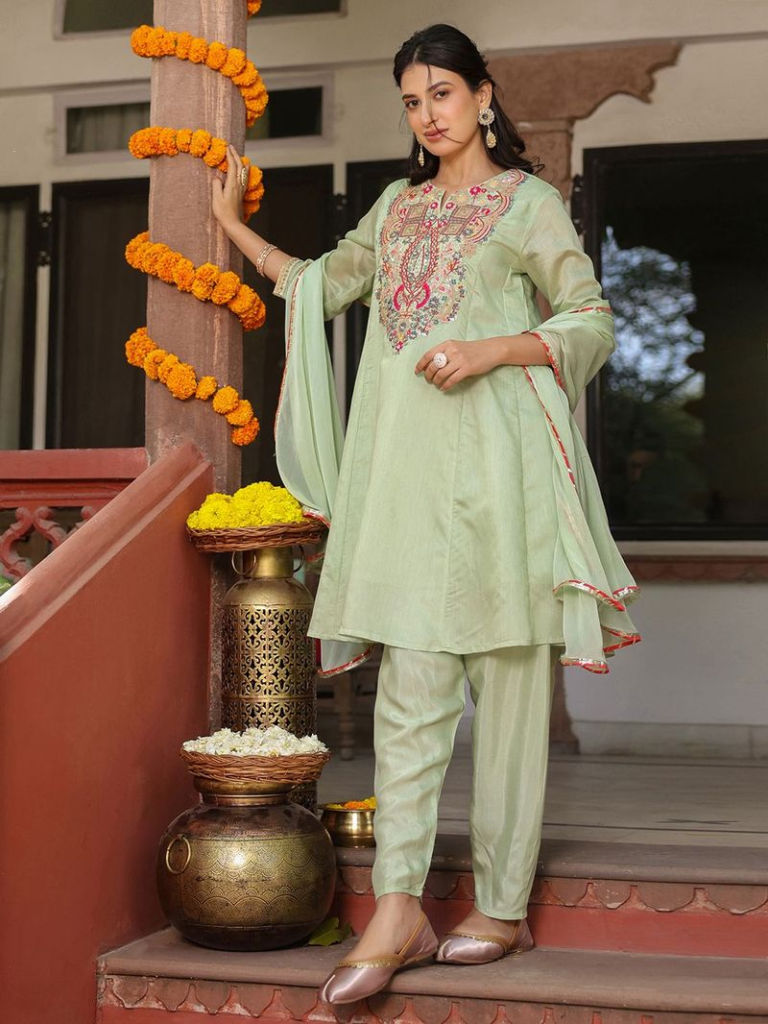 Light Green Embroidered Chanderi Silk Suit