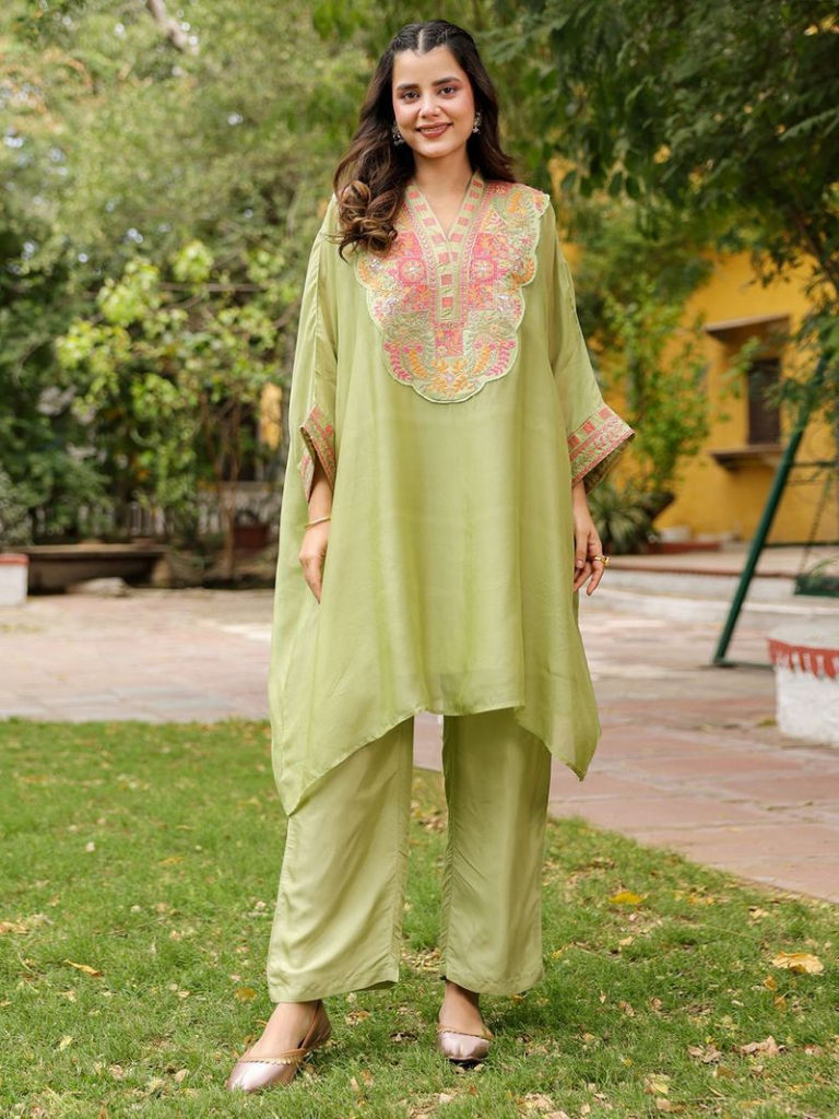 Olive Green Embroidered Organza Kaftan with Inner and Pants