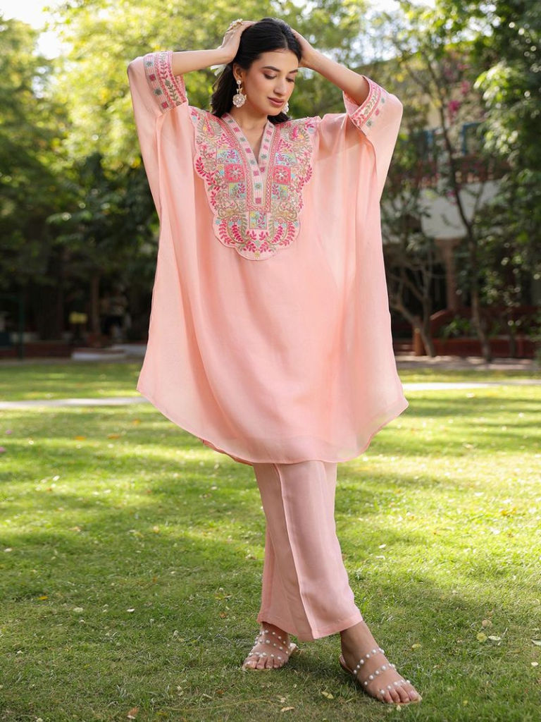 Peach Embroidered Organza Kaftan with Inner and Pants