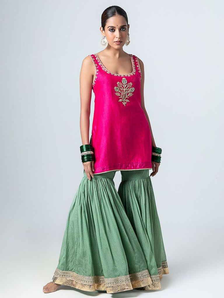 Pink Hand Embroidered Chanderi Silk Kurta with Sharara