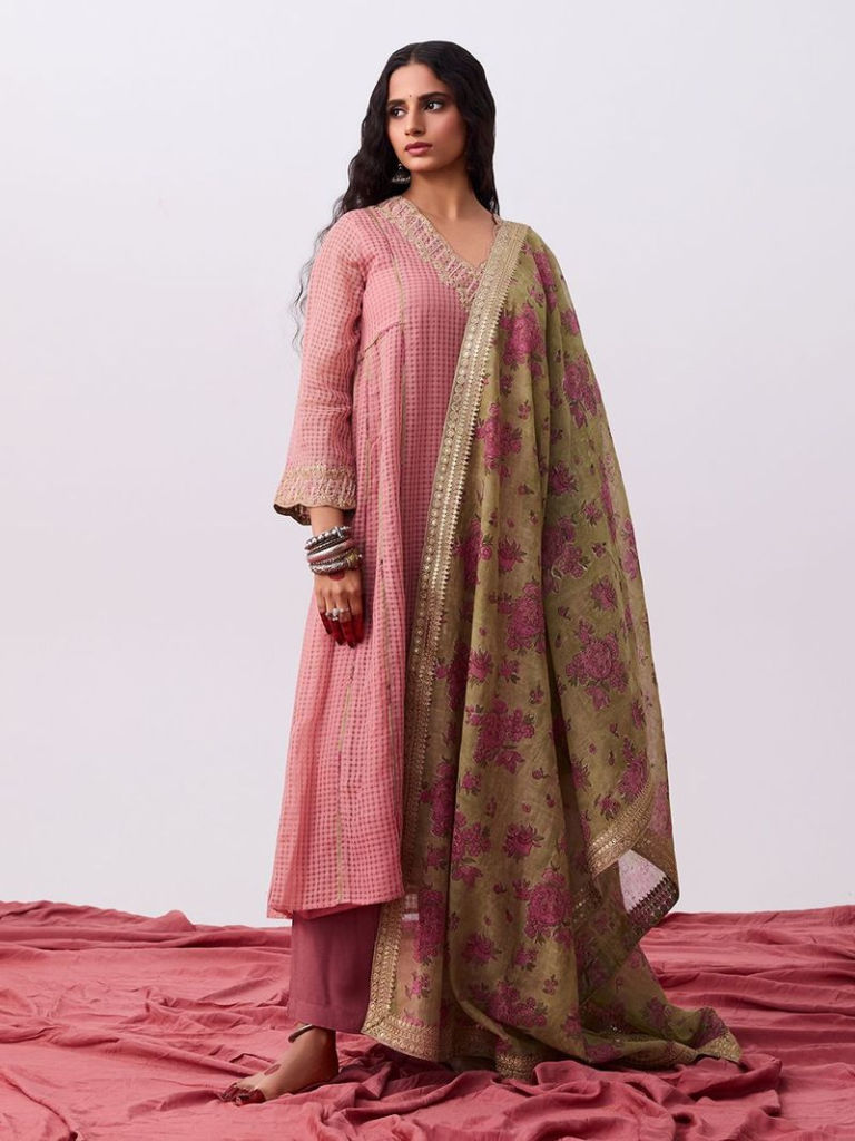 Pink Hand Embroidered Silk Kurta