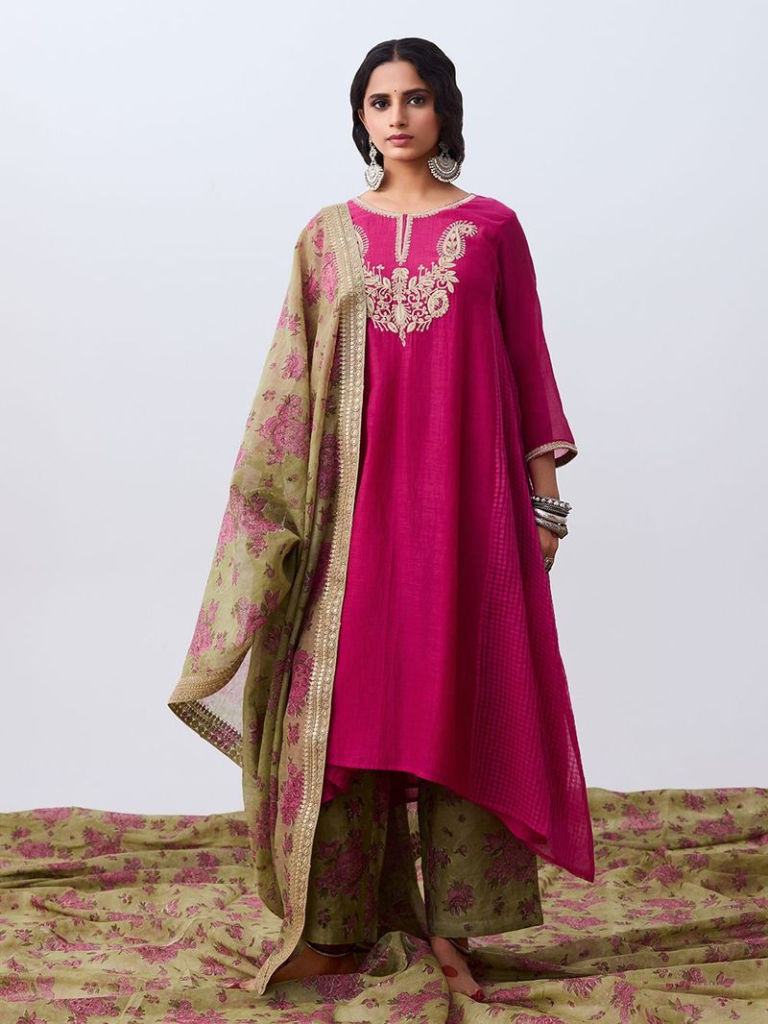 Pink Hand Embroidered Chanderi Mul Kurta