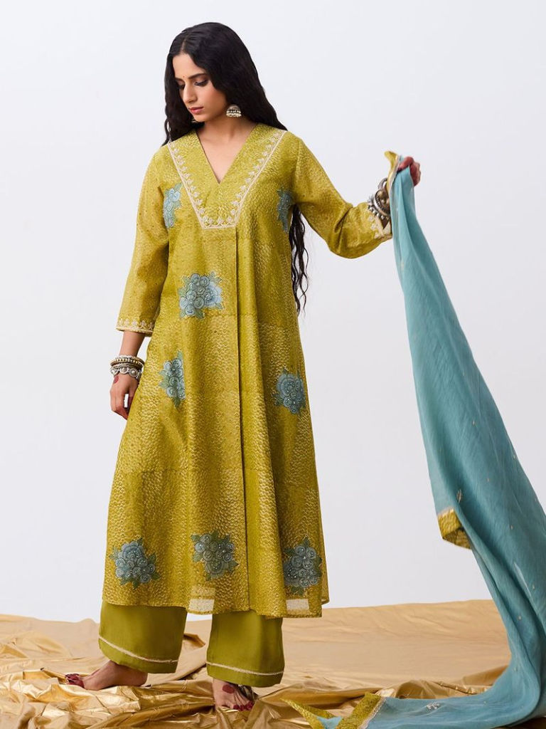 Green Hand Block Printed Chanderi Silk Kurta with Pants