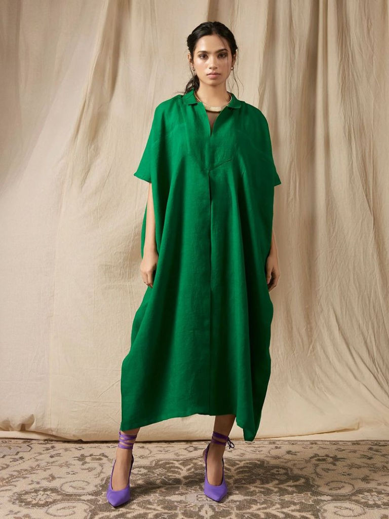 Emerald Green Linen Kaftan Dress