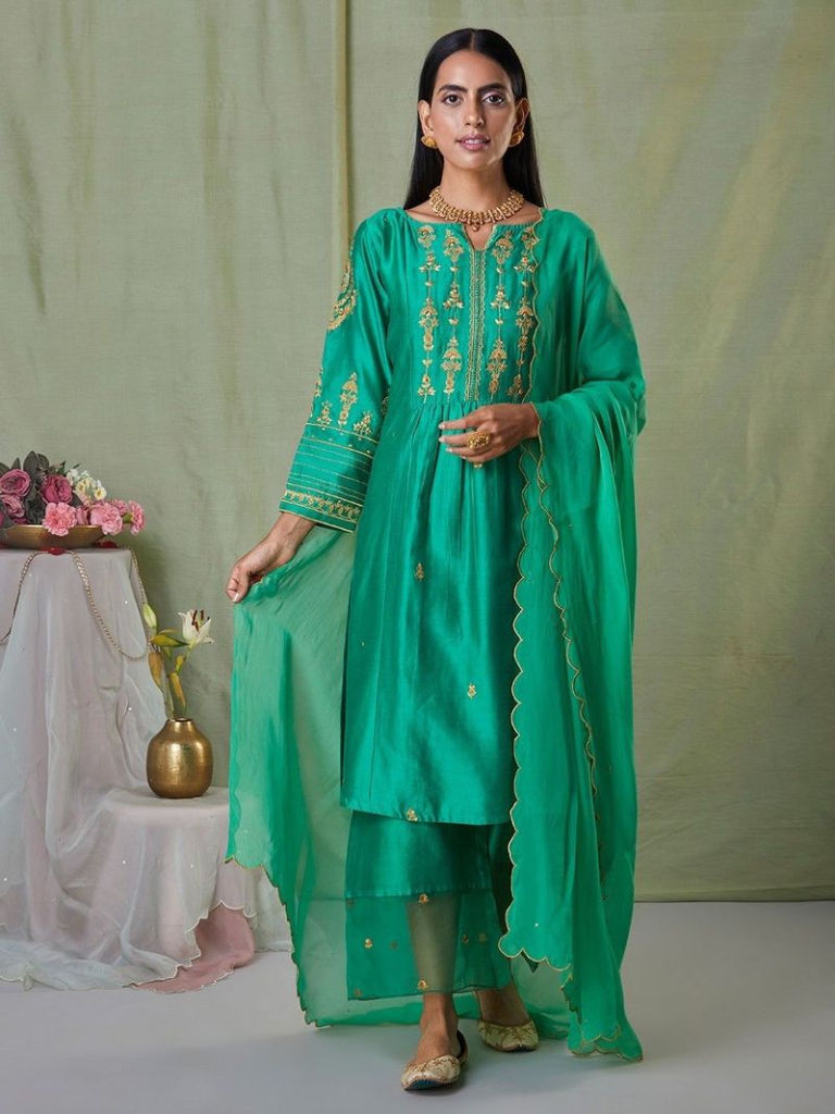 Green Hand Embroidered Chanderi Silk Suit with Organza Scalloped Dupatta