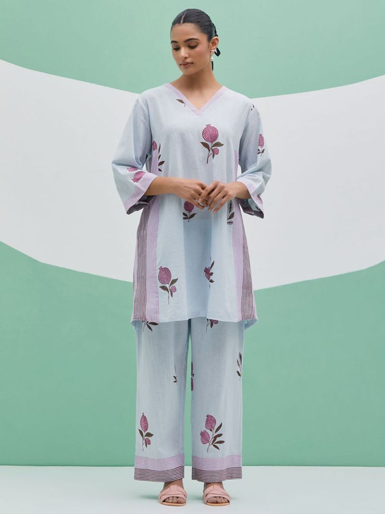 Sky Blue Hand Block Printed Linen Suit