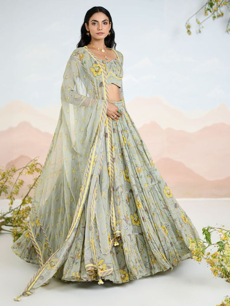 Green Printed Chiffon Lehenga Set