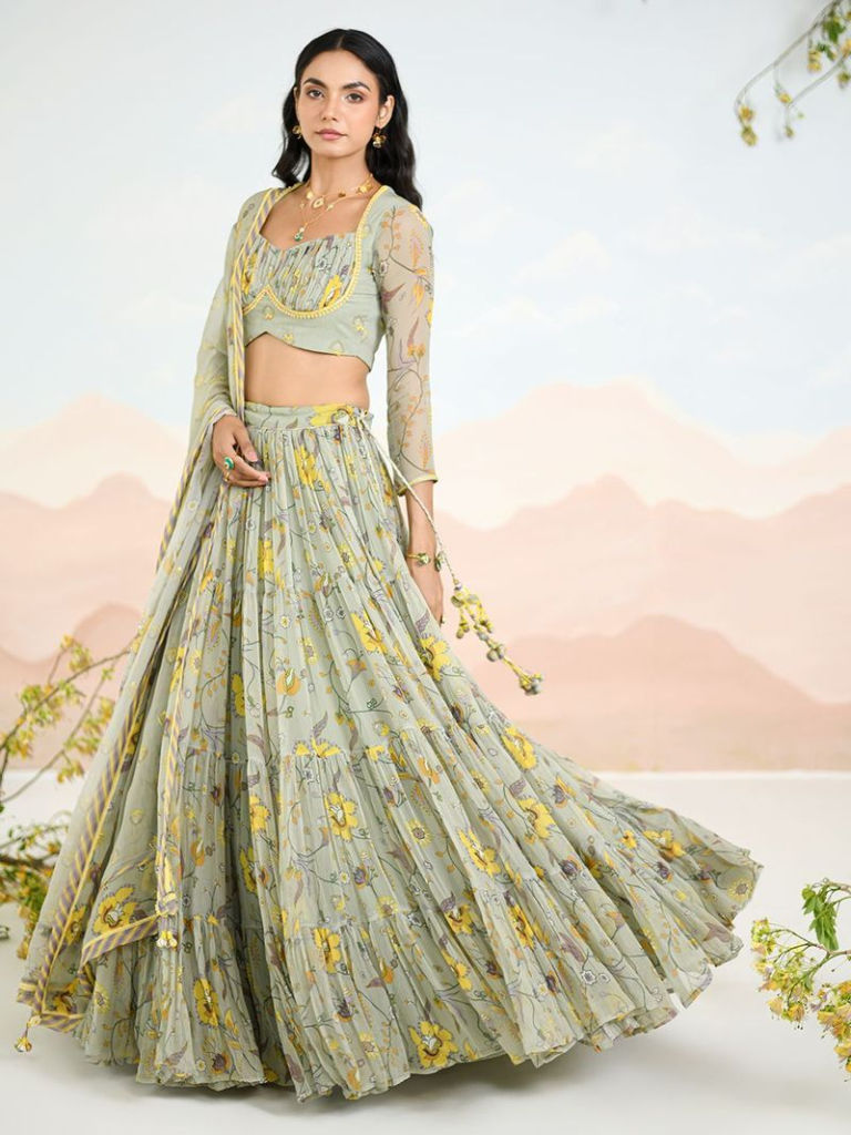 Green Printed Chiffon Lehenga Set