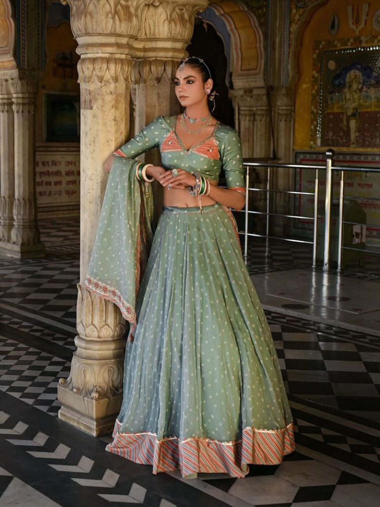 Green Printed Muslin Lehenga Set