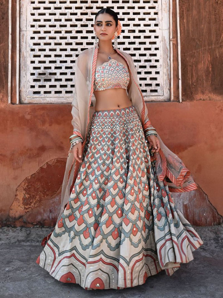 Multicolor Printed Linen Satin Silk Mirror work Lehenga Set