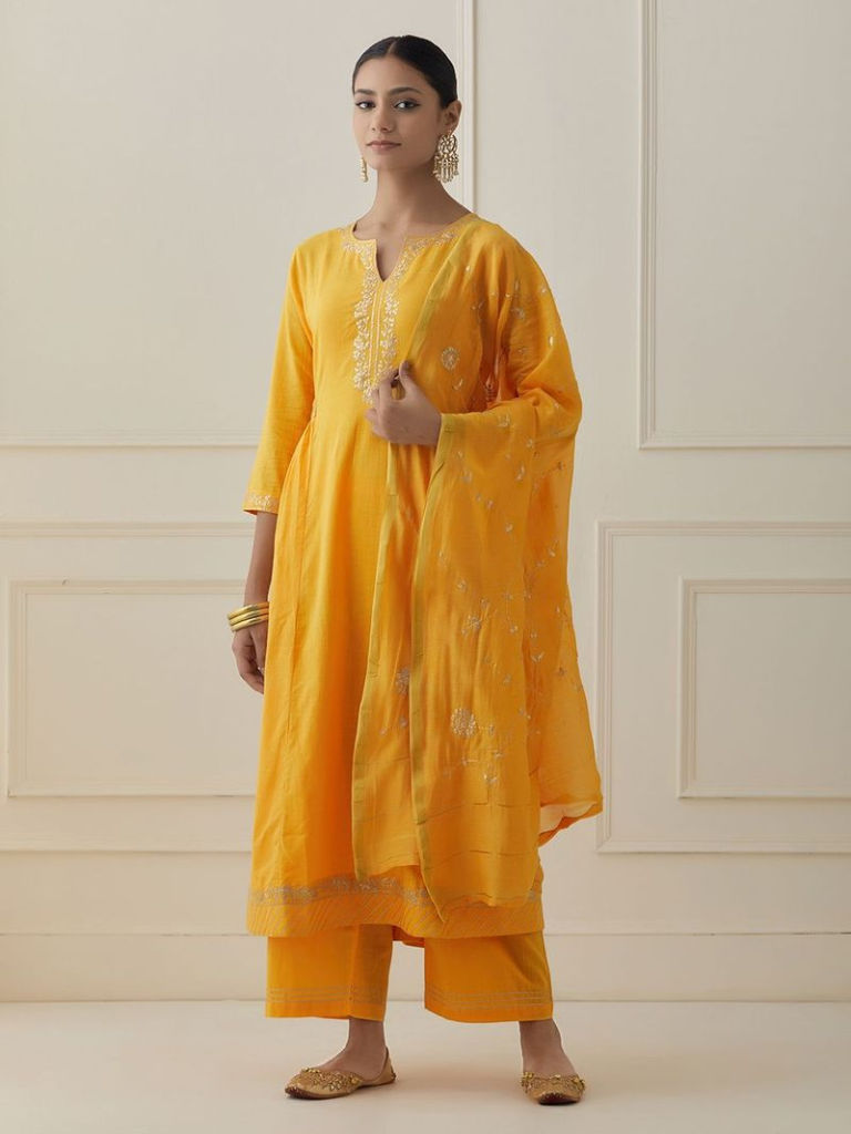 Yellow Pittan Hand Embroidered Linen Blend Suit