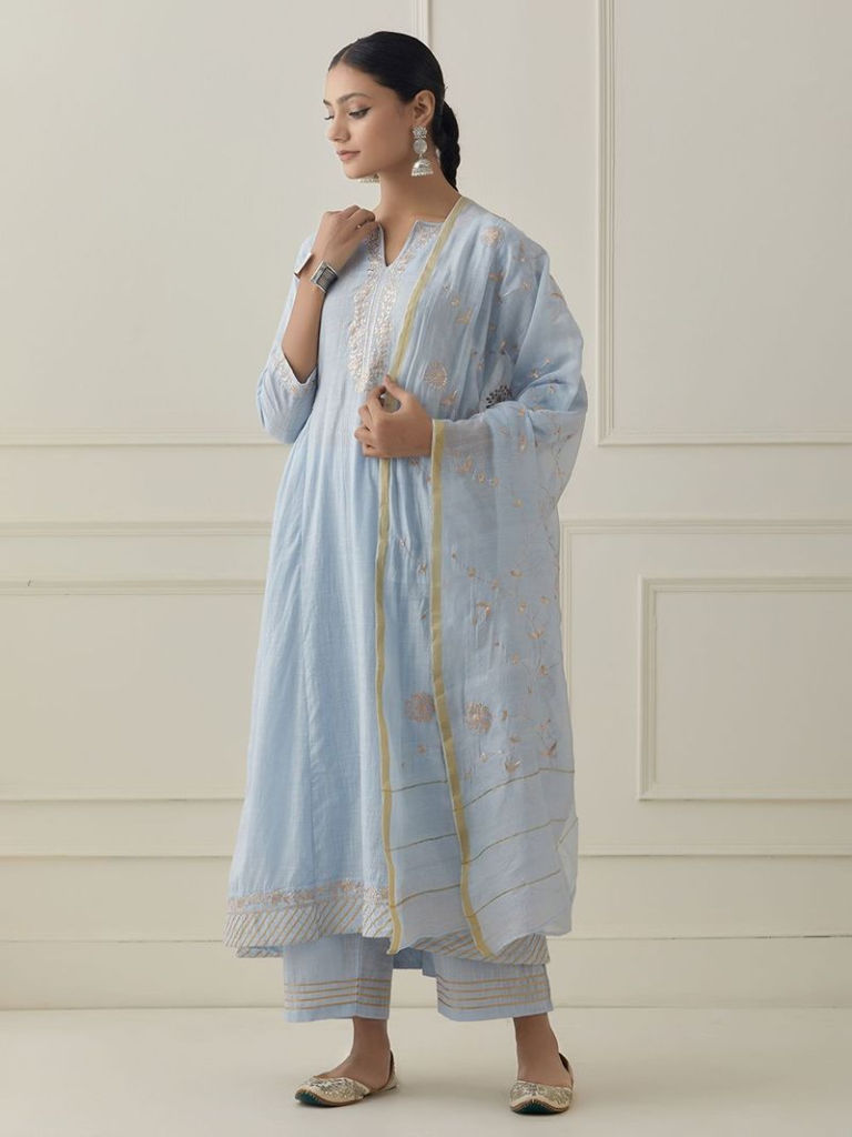 Sky Blue Pittan Hand Embroidered Linen Blend Suit