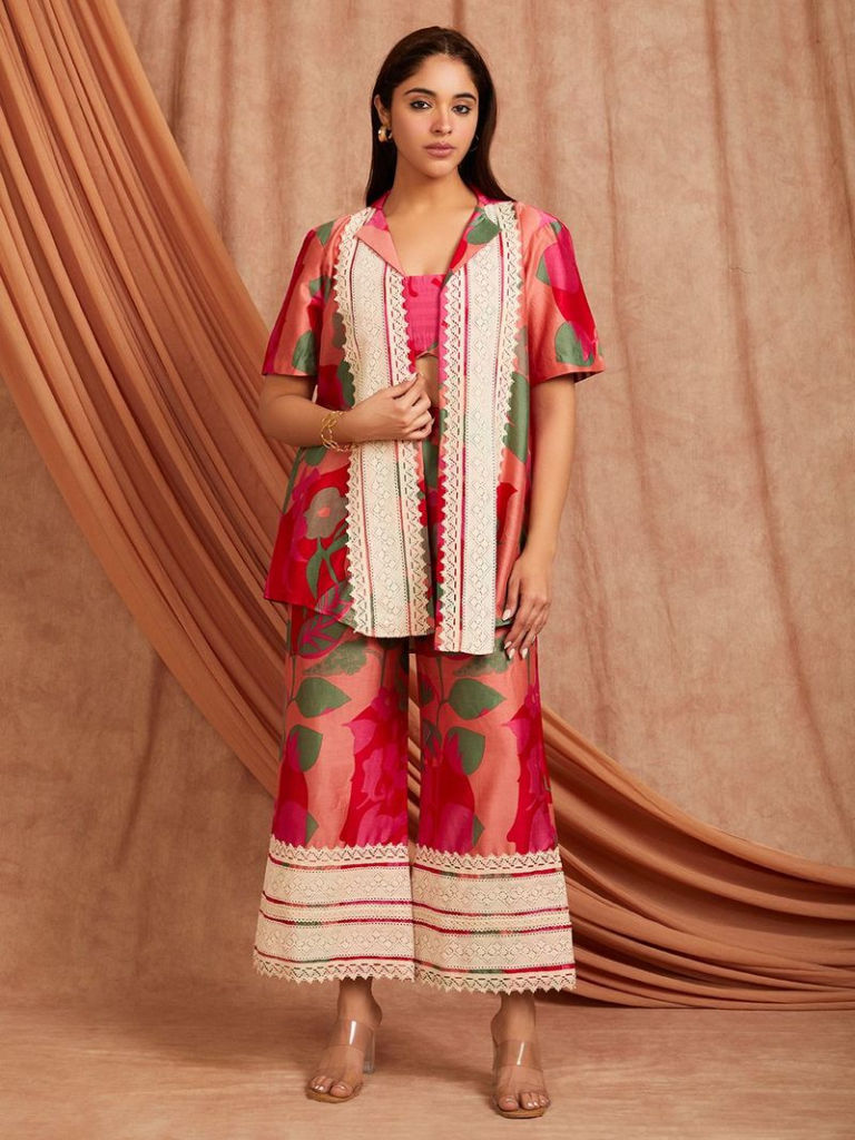 Red Printed Chanderi Bralette with Jacket and Palazzo