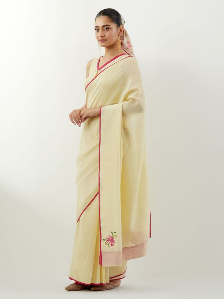 Pastel Yellow Patch Work Chanderi Ready to Wear Saree with Blouse