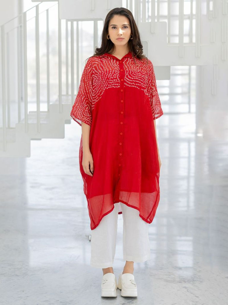 Red Bandhani Chanderi Tunic with Slip