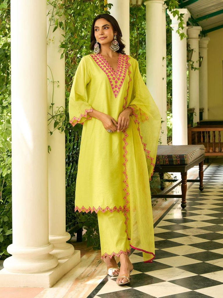Lime Yellow Embroidered Viscose Chanderi Kurta with Pants