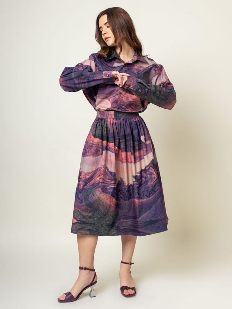 Purple Printed Cotton Shirt with Skirt