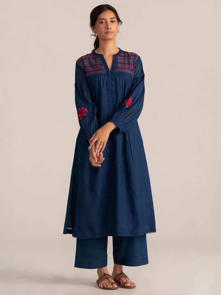 Blue Applique Work Chanderi Mul Kurta with Pants