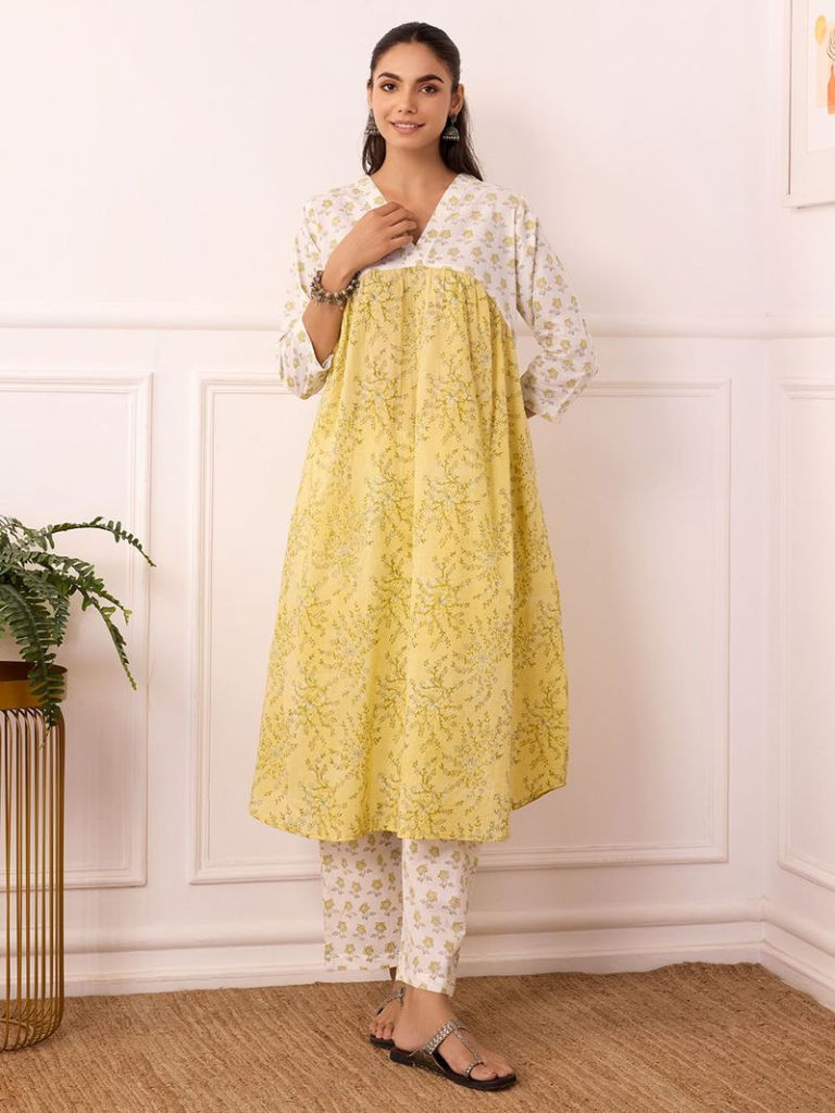 Yellow White Hand Block Printed Cotton Mulmul Kurta with Pants