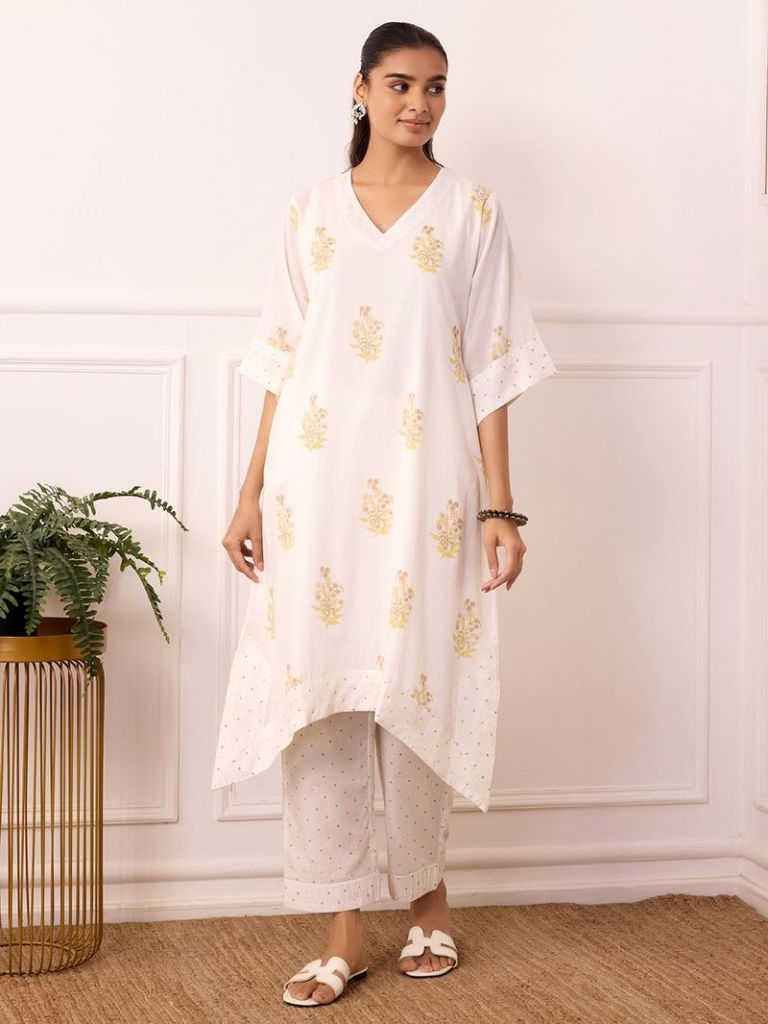 White Hand Block Printed Cotton Mulmul Kurta with Pants