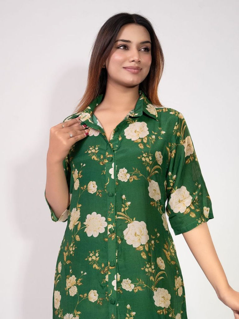 Green Printed Cotton Silk Tunic with Pants