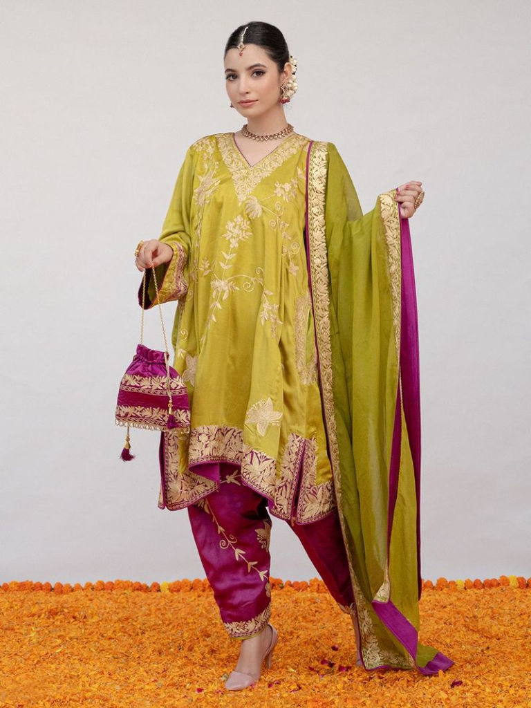 Mehandi Green Embroidered Satin Suit