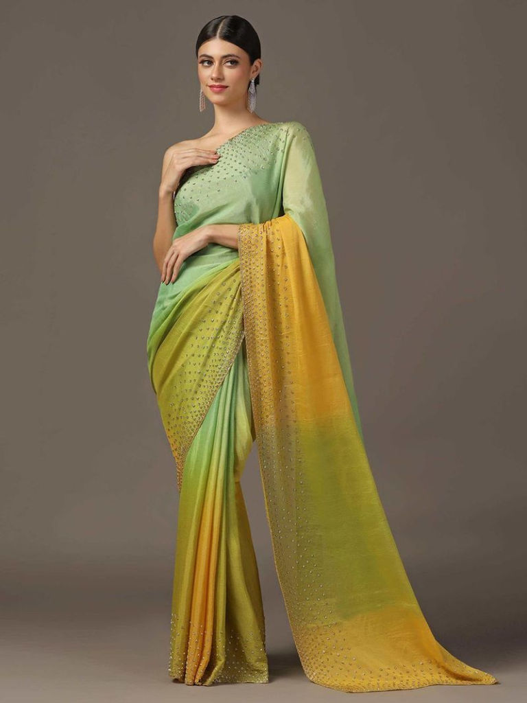 Light Green Yellow Ombre Dyed Tissue Georgette Saree