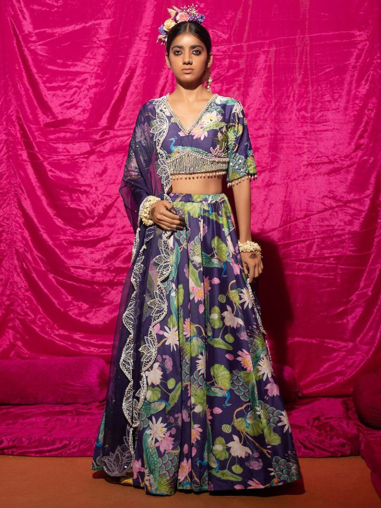 Purple Printed Chanderi Silk Hand Embroidered Lehenga Set
