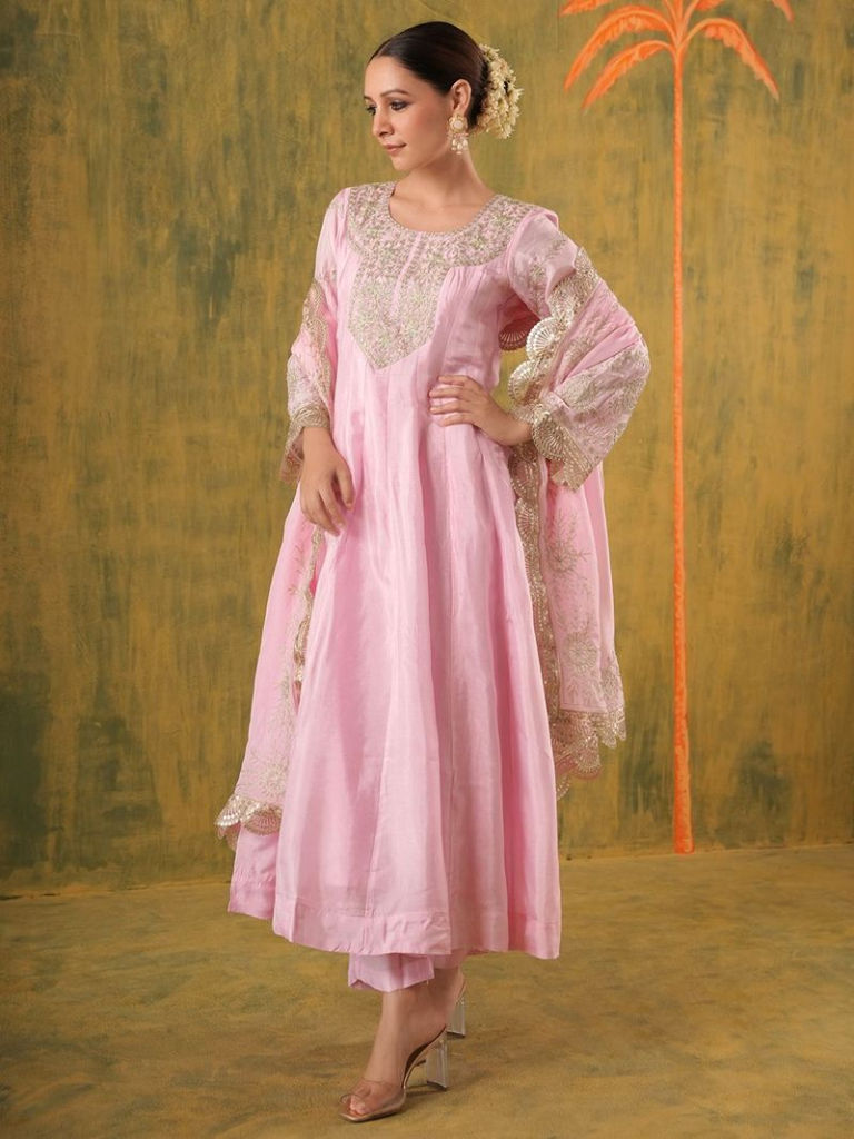 Pink Embroidered Silk Suit