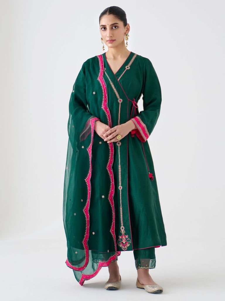 Dark Green Embroidered Dupion Silk Suit