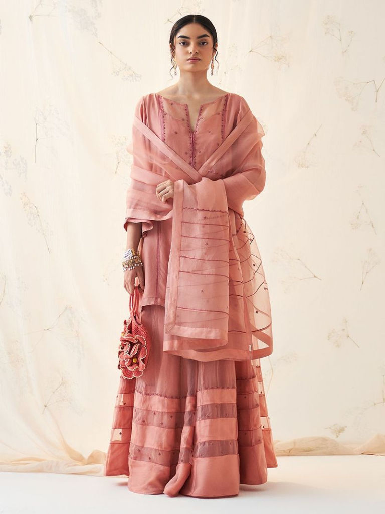 Peach Hand Embroidered Chiffon Suit
