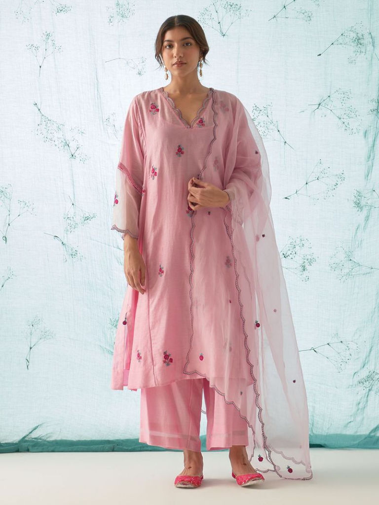 Pink Hand Embroidered Chanderi Suit
