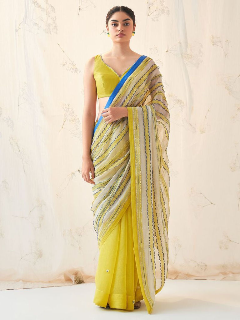 Ivory Yellow Hand Embroidered Chanderi Saree with Blouse and Underskirt