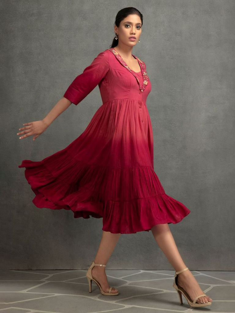Pink Ombre Dyed Cotton Silk Embroidered Dress with Slip