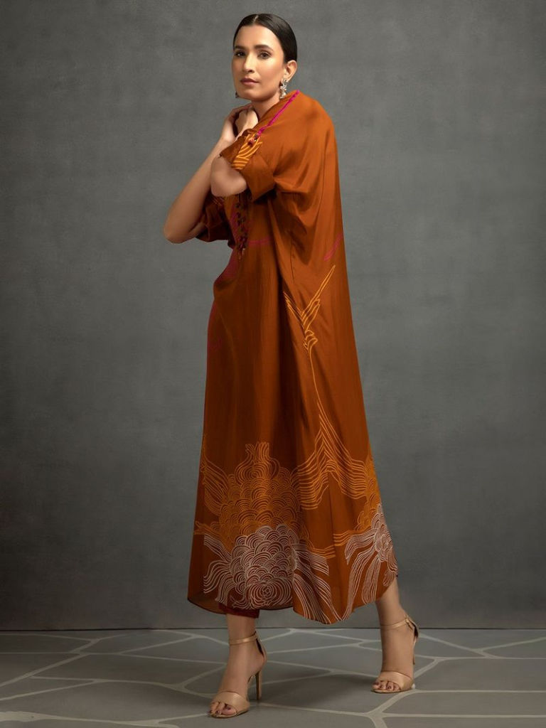 Brown Printed Cotton Silk Dress
