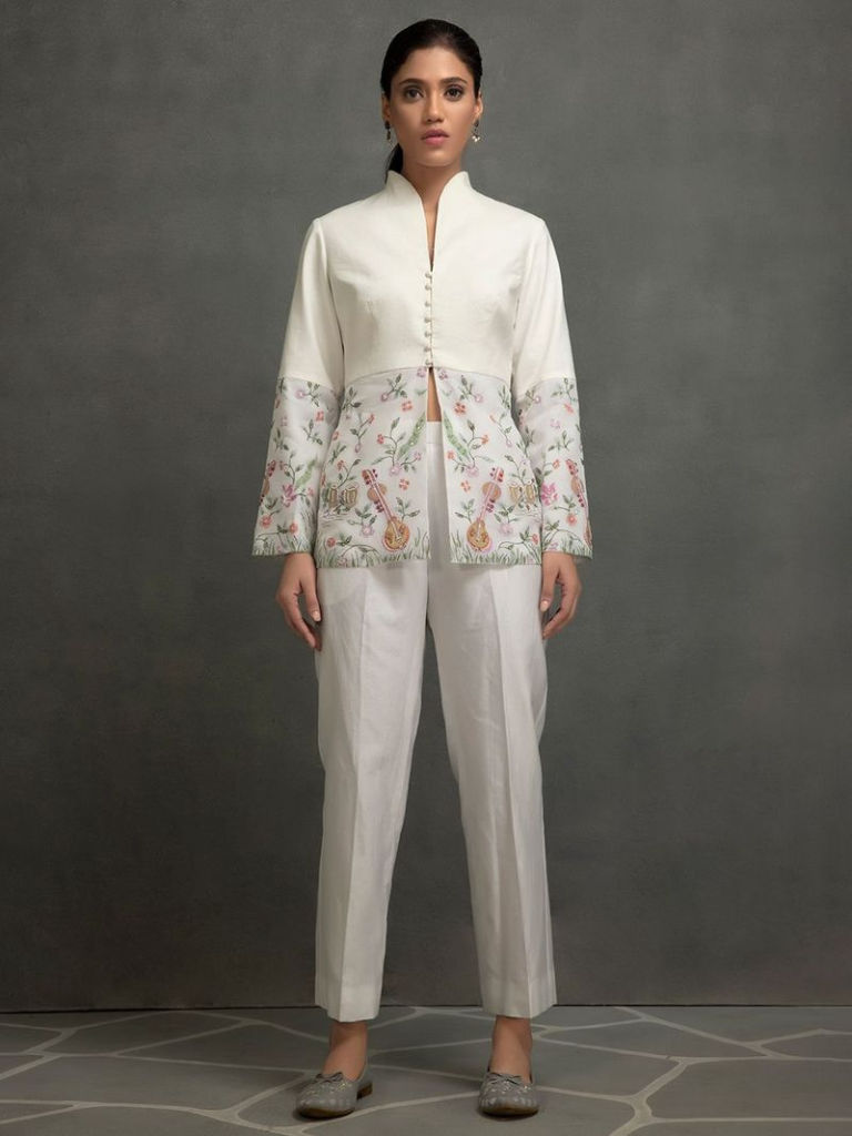 White Embroidered Cotton Slub Co-ord Set
